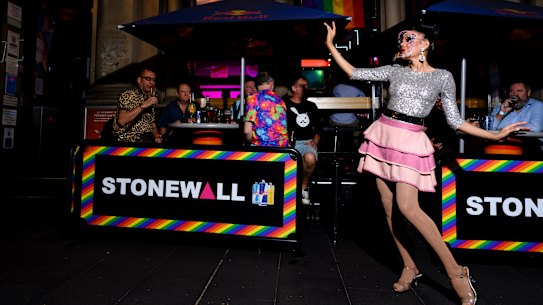 Drag performer Lada Marks outside the iconic Stonewall Hotel on Oxford Street, Sydney.