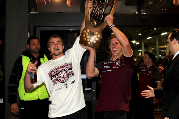 Kieran Foran and fresh-faced Daly Cherry-Evans celebrate at the Manly Leagues Club after defeating the New Zealand Warriors in the 2011 NRL grand final.