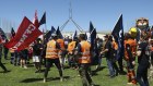 A rally protesting the CFMEU administration, at the front of Parliament House in Canberra.