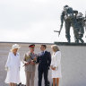 Queen Camilla with King Charles III and French President Emmanuel Macron and his wife Brigitte Macro beneath the D-Day Sculpture at the British Normandy Memorial to mark the 80th anniversary of D-Day. 