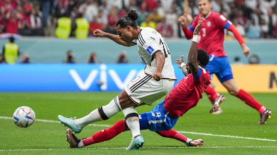 Germany’s Serge Gnabry, left, vies for the ball with Costa Rica’s Keysher Fuller during their World Cup group E match.
