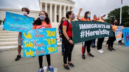 Students celebrate in front of the US Supreme Court after the ruling.