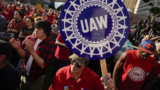 United Auto Workers members attend a rally in Detroit.