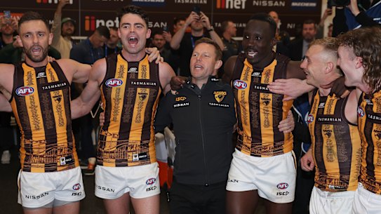 On a roll: Sam Mitchell and his Hawks are one happy family.