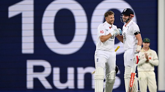 Joe Root celebrates his century – his first in an Ashes test on Australian soil.