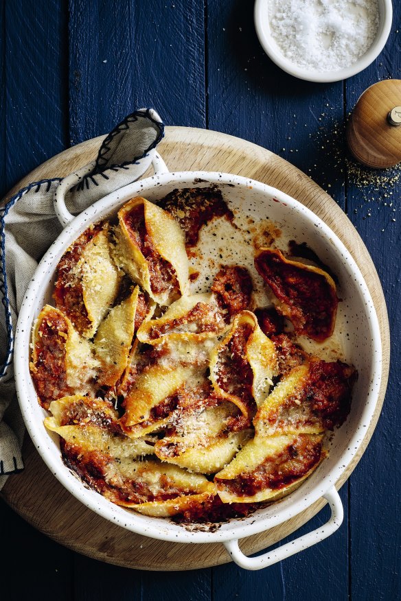 Giant shells or cannelloni with eggplant and pork stuffing.