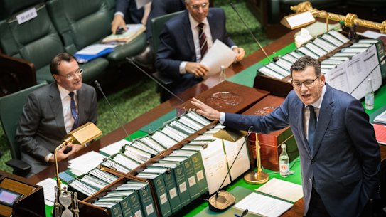 Premier Daniel Andrews and Opposition Leader Michael O'Brien exchange barbs in the chamber on Tuesday.