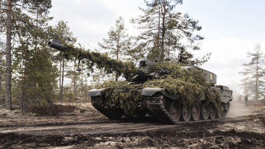 A British Army Challenger 2 battle tank during a training exercise in Finland. 