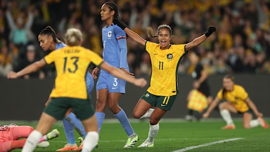Australia’s Mary Fowler scores a goal against France in send-off friendly.