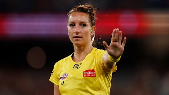 Eleni Glouftsis is the AFL’s first female field umpire.