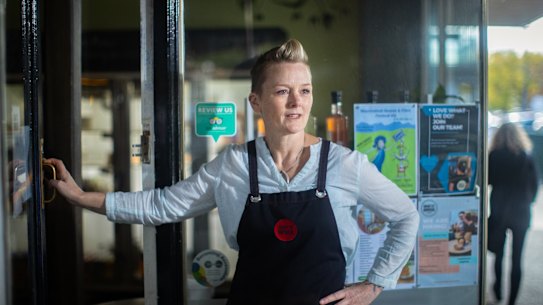 Grant St Grocer owner Lisa Harding outside her business. She is fighting for more banking services in her community. 