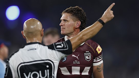 Kalyn Ponga is sent off by referee Ashley Klein during State of Origin game one.
