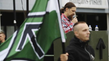 Fredrik Vejdeland of the Swedish neo-Nazi Nordic Resistance Movement (NMR) speaks during an election rally in Kungalv, Sweden, in August.