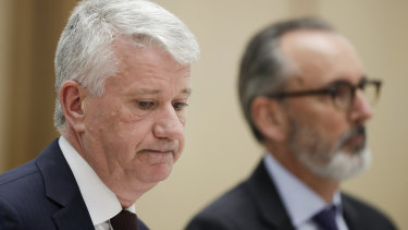 Westpac acting chief financial officer Gary Thursby and chief risk officer David Stephen on Friday.
