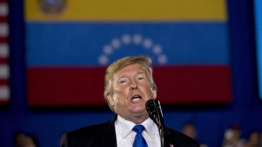 US President Donald Trump speaks to a Venezuelan American community at Florida International University in Miami, Florida. 
