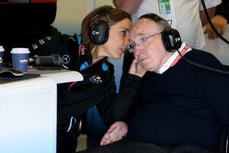 Williams talks with his daughter and then deputy team principal, Claire, in the garage in 2019.