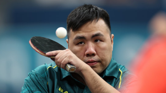 Jessy Chen competes in the mixed doubles at the Paris Paralympics. 