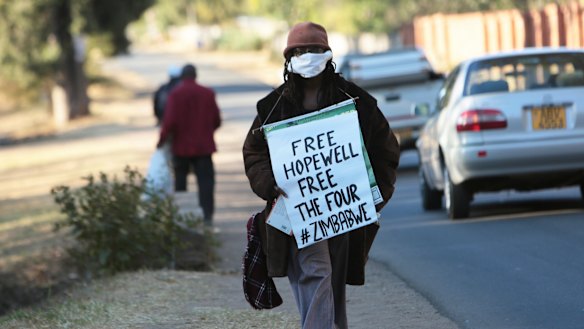 Zimbabwean writer Tsitsi Dangarembga calling for the release of Zimbabwean journalist Hopewell Chin'ono in Harare.