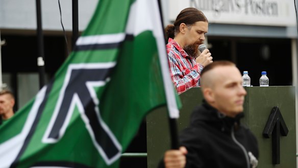 Fredrik Vejdeland of the Swedish neo-Nazi Nordic Resistance Movement (NMR) speaks during an election rally in Kungalv, Sweden, on Saturday.