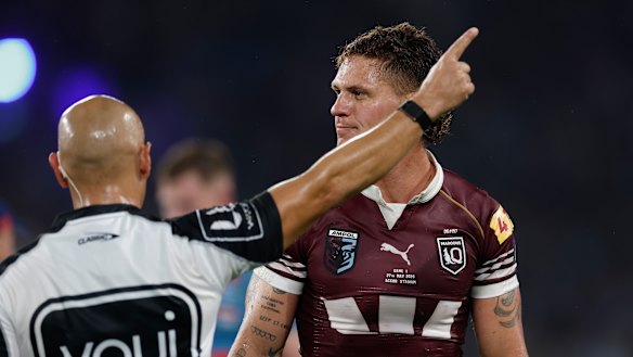 Referee Ashley Klein sends Kalyn Ponga from the field.