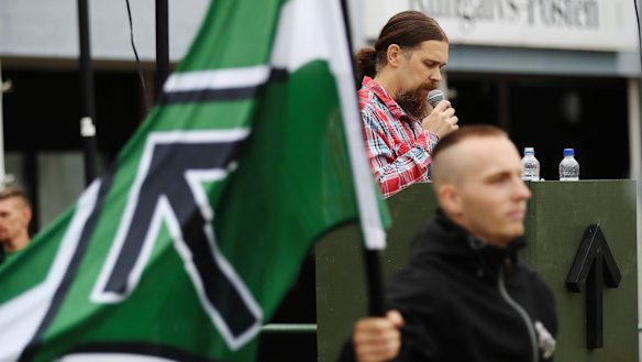 Fredrik Vejdeland of the Swedish neo-Nazi Nordic Resistance Movement (NMR) speaks during an election rally in Kungalv, Sweden, in August.