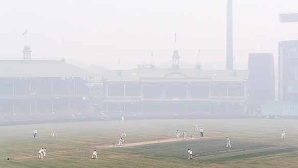 Thick bushfire smoke blanketed the SCG during the Shield match between NSW and Queensland in December. 