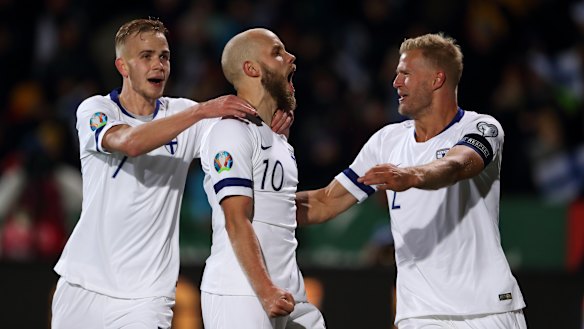 Sick one: Teemu Pukki celebrates a goal as Finland qualify for Euro 2020.