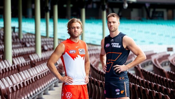 Swans midfielder James Rowbottom and Giants counterpart Harry Himmelberg at the SCG this week.