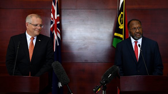 Mr Morisson with his counterpart from Vanuatu Charlot Salwai after their bilateral meeting.