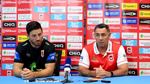 Ben Hunbt and Shane Flanagan after a Dragons defeat in 2024.