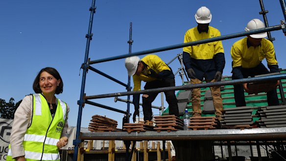 NSW Premier Gladys Berejiklian with construction industry trainees during a visit to the Productivity Bootcamp.