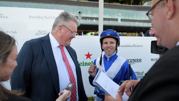 Trainer Anthony Cummings and Tommy Berry after the win of Libertini.