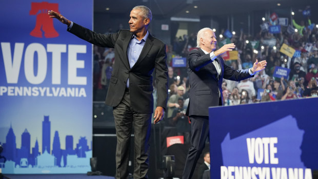 Former president Barack Obama and President Joe Biden at a campaign rally in Pennsylvania.