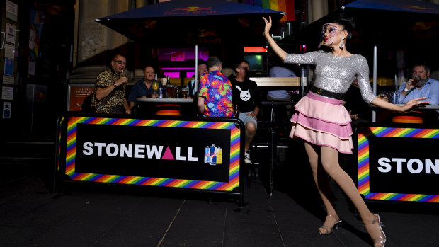 Drag performer Lada Marks outside the iconic Stonewall Hotel on Oxford Street, Sydney.