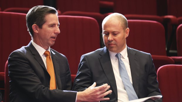 Finance Minister Simon Birmingham, with Treasurer Josh Frydenberg, says the government is expecting the private sector to underpin the economy.