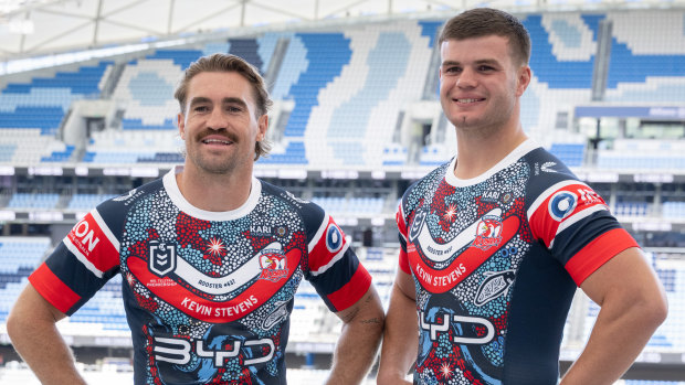 Connor Watson and Blake Steep help launch Gadhu Gathering at Allianz Stadium on Monday.