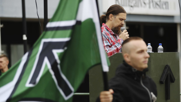 Fredrik Vejdeland of the Swedish neo-Nazi Nordic Resistance Movement (NMR) speaks during an election rally in Kungalv, Sweden, on Saturday.