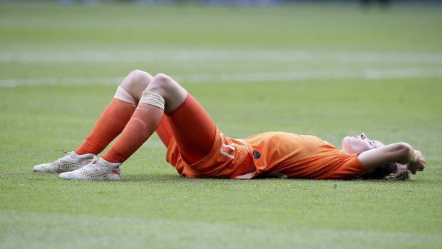 Devastation for Dutch player Dominique Bloodworth after the final whistle.