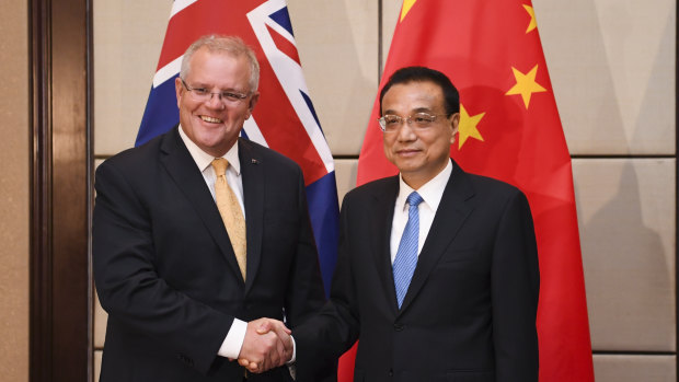Prime Minister Scott Morrison with Chinese Premier Li Keqiang ahead of the ASEAN Summit in Bangkok in November 2019.