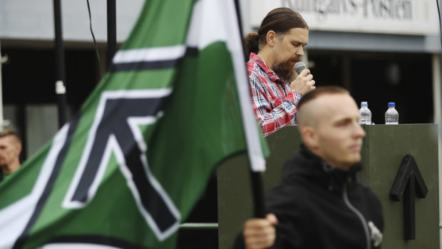 Fredrik Vejdeland of the Swedish neo-Nazi Nordic Resistance Movement (NMR) speaks during an election rally in Kungalv, Sweden, in August.