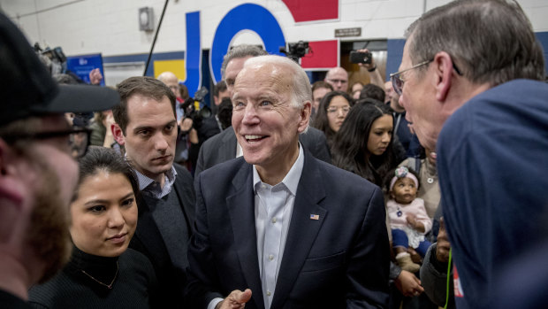 Democratic presidential candidate former vice-president Joe Biden speaks at a campaign stop at Hiatt Middle School, in Des Moines, Iowa.