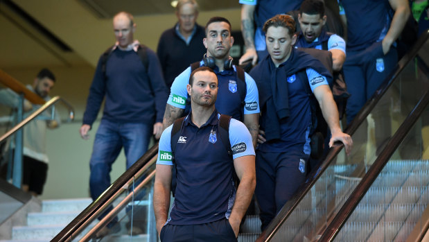 Back in town: Boyd Cordner arrives at Sydney airport with the Blues after the Origin I loss to Queensland.