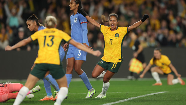 Australia’s Mary Fowler scores a goal against France in send-off friendly.