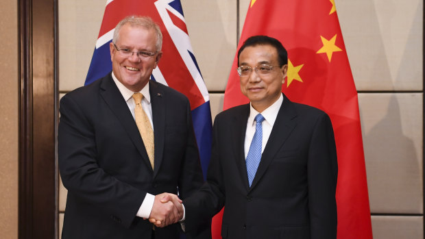 Scott Morrison with Chinese Premier Li Keqiang ahead of the ASEAN Summit in Bangkok.