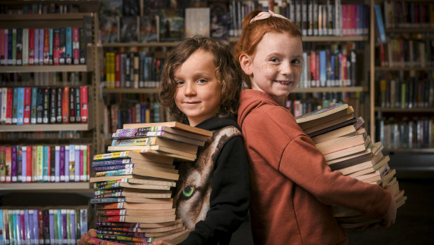 Violet O'Brien, 8,  and Augustus O'Brien, 6, at the Watsonia Library. 