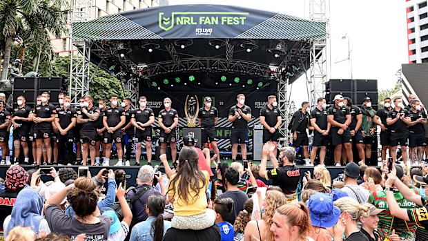 The teams lined up for fans in Brisbane on Friday.