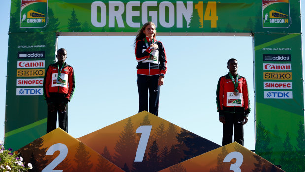 Mary Cain after topping the podium at the 2014 IAAF World Junior Championships in Oregon.