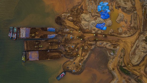 A nickel mining site and jetty in Sulawesi, Indonesia. The country is a major exporter to China.