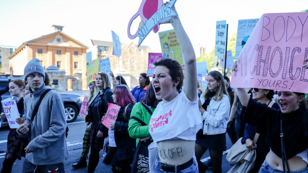 Hundreds of protesters gathered in Sydney on Sunday in response to the introduction of 'abortion bans' in several US states.