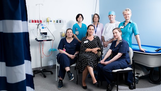 Part of the team at Royal North Shore Hospital's burns unit, from left: Clinical nurse consultant Kate Walsh, senior occupational therapist Akane Katsu, senior social worker Julia Kwiet, network manager of the statewide burn injury service Anne Darton, head of burns Dr Robert Gates, acting nurse unit manager Tracey Hurley and senior physiotherapist Julie Bricknell.